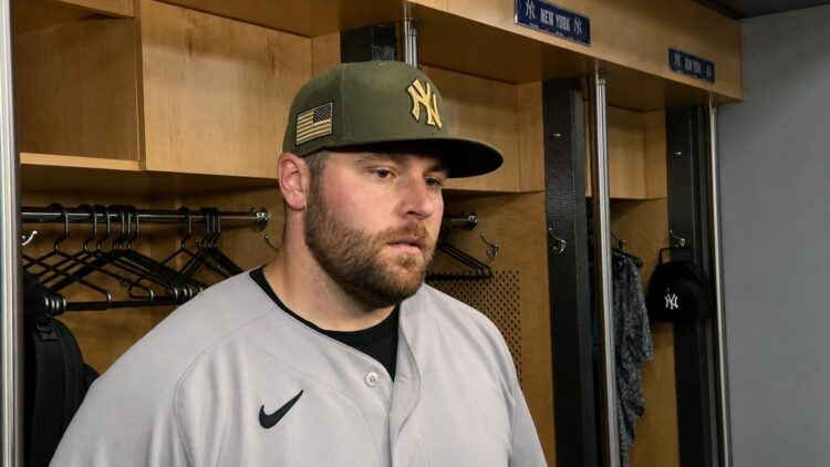 David Bednar talks to the reporters after his disatrous ninth inning handed Mets a comeback in 7-6 win over the Yankees. New York, May 17, 2026.