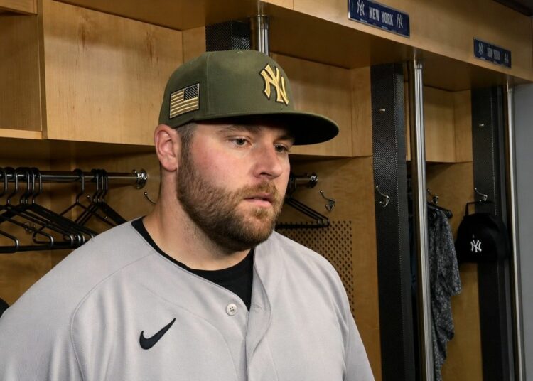 David Bednar talks to the reporters after his disatrous ninth inning handed Mets a comeback in 7-6 win over the Yankees. New York, May 17, 2026.