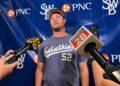 Yankees ace Gerrit Cole talks to the press at PNC Field after pitching 99.6 mph in 5 1/3 innings for Triple-A Scranton/Wilkes-Barre against the Syracuse Mets on May 16, 2026.