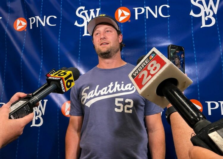 Yankees ace Gerrit Cole talks to the press at PNC Field after pitching 99.6 mph in 5 1/3 innings for Triple-A Scranton/Wilkes-Barre against the Syracuse Mets on May 16, 2026.