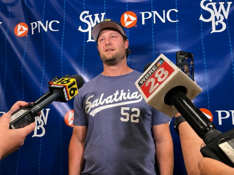 Yankees ace Gerrit Cole talks to the press at PNC Field