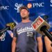 Yankees ace Gerrit Cole talks to the press at PNC Field