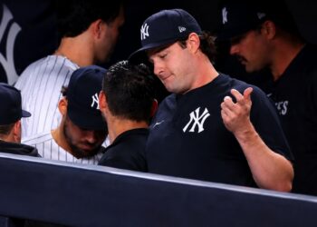 Yankees' Gerrit Cole reacts in the dugout during 2-0 loss to the Blue Jays, New York, May 21 2026. He is set to return on May 22.