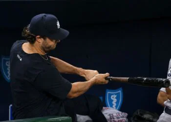 Gerrit Cole practices with a bat in the dugout during the Yankees' 15-1 win over the Royals, Kansas City, May 26, 2026.