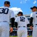 Max Schuemann, Trent Grisham, and Cody Bellinger were celebrating after the Yankees' 9-2 win over the Rangers. May 8, 2026. New York.