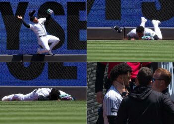 Jasson Dominguez crashed into the left-center wall making a leaping catch in 9-2 win over the Rangers, was carted off and placed on the Yankees IL. May 8, 2026.