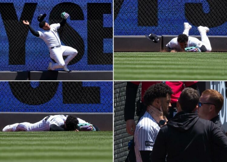Jasson Dominguez crashed into the left-center wall making a leaping catch in 9-2 win over the Rangers, was carted off and placed on the Yankees IL. May 8, 2026.