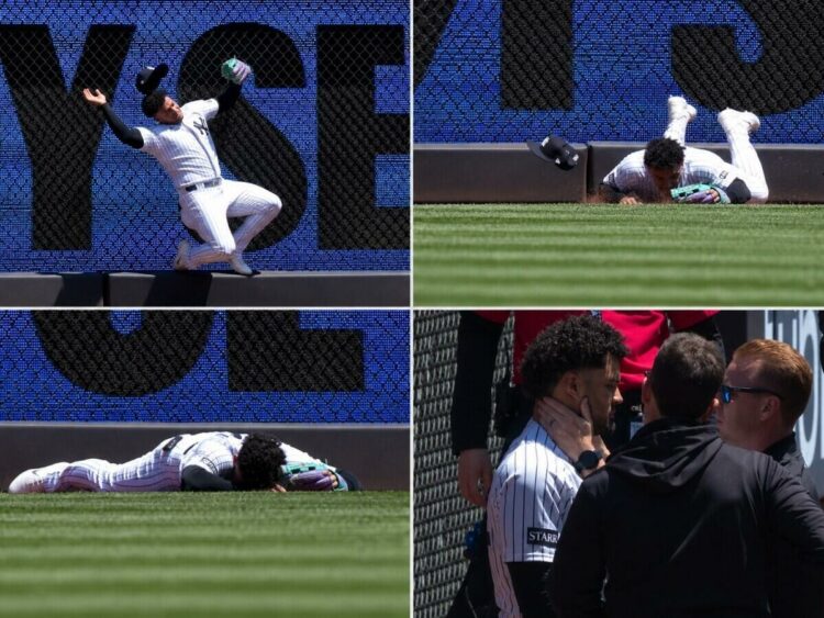 Jasson Dominguez crashed into the left-center wall making a leaping catch in 9-2 win over the Rangers, was carted off and placed on the Yankees IL. May 8, 2026.
