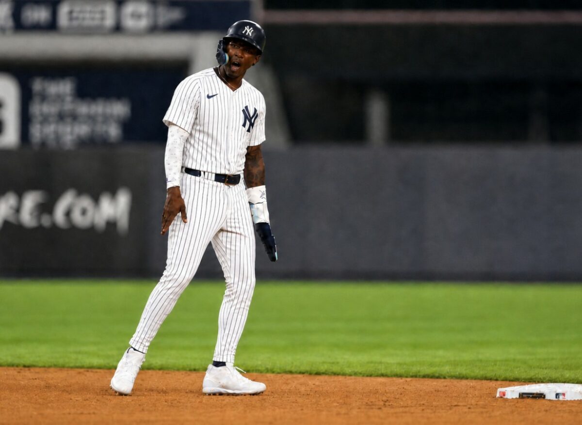 New York Yankees’ Jazz Chisholm Jr. reacts after stealing a base against the Boston Red Sox, Friday, June 6, 2025, in New York.