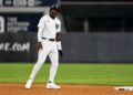 New York Yankees’ Jazz Chisholm Jr. reacts after stealing a base against the Boston Red Sox, Friday, June 6, 2025, in New York.