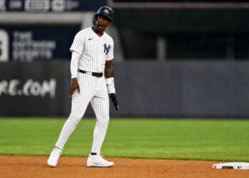 New York Yankees’ Jazz Chisholm Jr. reacts after stealing a base against the Boston Red Sox, Friday, June 6, 2025, in New York.