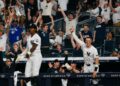 Aaron Judge celebrates after Jazz Chisholm Jr. hit a go-ahead home run in the Yankees' 7-6 win over the Blue Jays, New York, May 18, 2025.