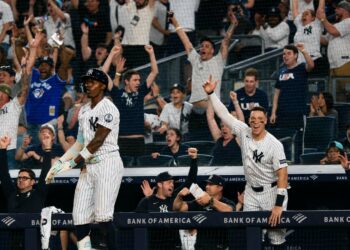Aaron Judge celebrates after Jazz Chisholm Jr. hit a go-ahead home run in the Yankees' 7-6 win over the Blue Jays, New York, May 18, 2025.