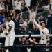 Aaron Judge celebrates after Jazz Chisholm Jr. hit a go-ahead home run in the Yankees' 7-6 win over the Blue Jays, New York, May 18, 2025.