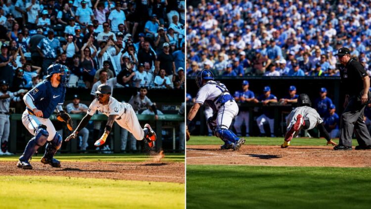Jazz Chisholm Jr. jumped to reach the home plate and score the run that gave the Yankees' 4-3 win over the Royals in the ninth, Kansas City, May 25, 2026.