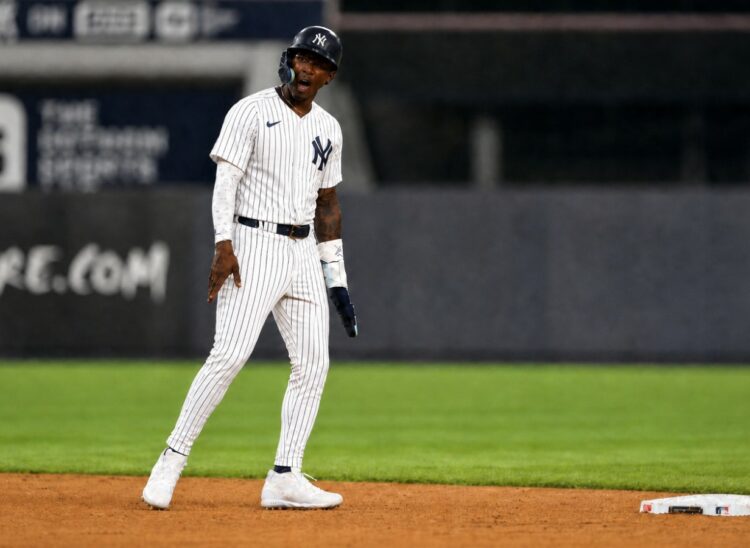 New York Yankees’ Jazz Chisholm Jr. reacts after stealing a base against the Boston Red Sox, Friday, June 6, 2025, in New York.