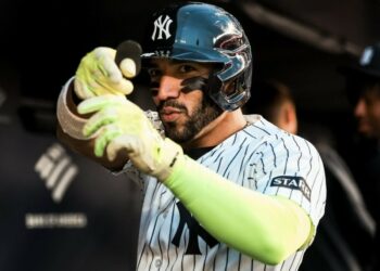 Jose Caballero poses in the dugout after his home run in the Yankees' 7-2 win over the Orioles in New York, May 1, 2026.