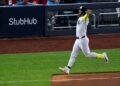 Jose caballero celebrates after stealing a run in the Yankees 7-4 win over the Rangers. May 6. 2026, New York.