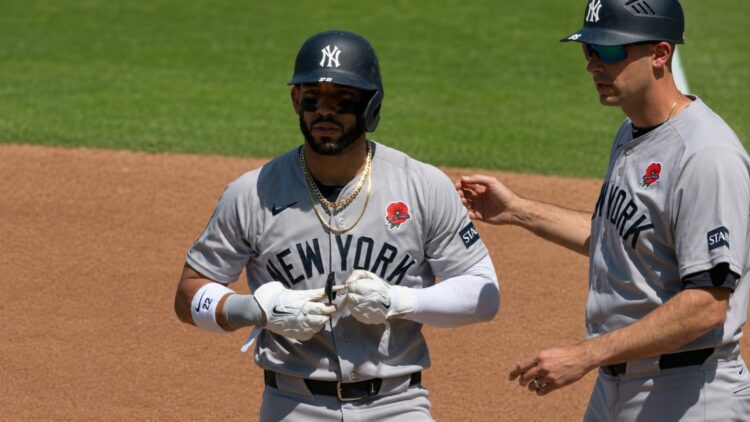 Jose Caballero is in action during the Yankees' 4-3 comeback win over the Royals in the ninth, Kansas City, May 25, 2026.