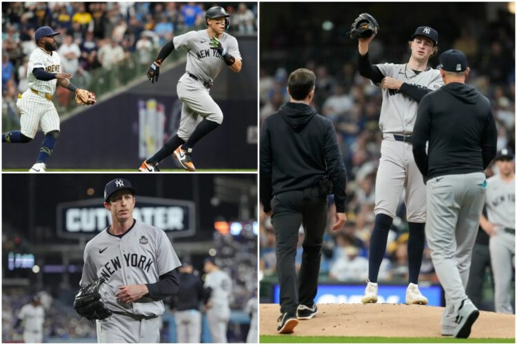 Cam Schlittler, Tim Hill and Aaron Judge are in action in the Yankees’ 4-3 loss to the Brewers on May 9, 2026, Milwaukee.