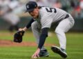 Max Fried was picking a bunt in the Yankees' 7-0 loss to the Orioles in Baltimore on May 13, 2026.