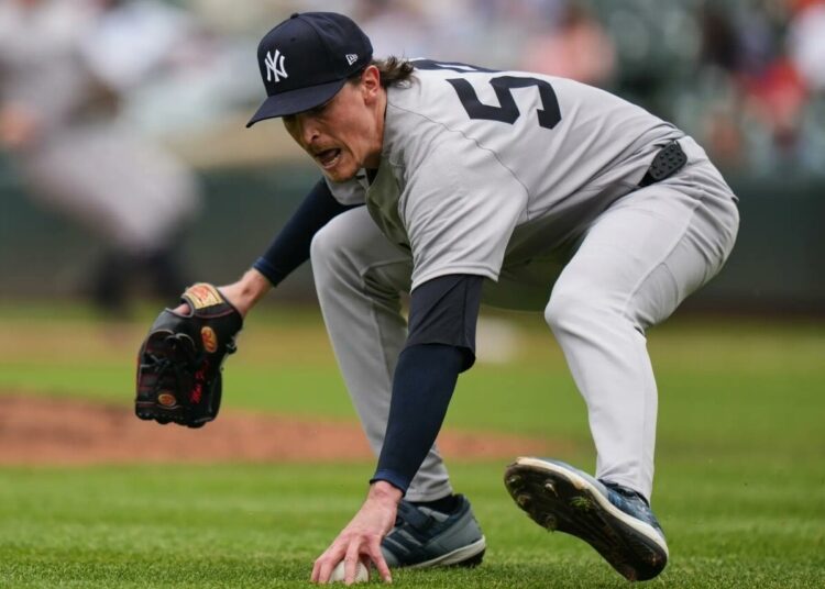 Max Fried was picking a bunt in the Yankees' 7-0 loss to the Orioles in Baltimore on May 13, 2026.