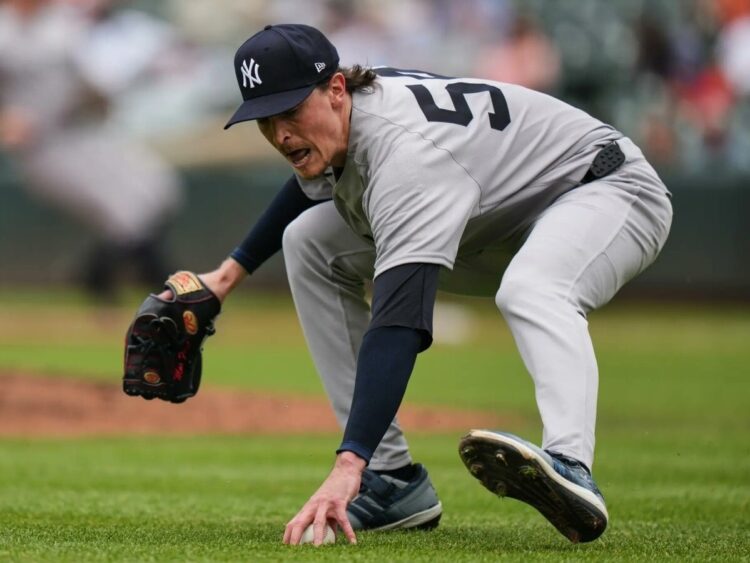 Max Fried was picking a bunt in the Yankees' 7-0 loss to the Orioles in Baltimore on May 13, 2026.