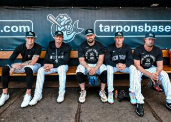 Cam schlittler, Max Fried, Carlos Rodon, Will Warren, and Gerrit Cole at Yankees dugout during the 2026 spring training camp in Tampa.