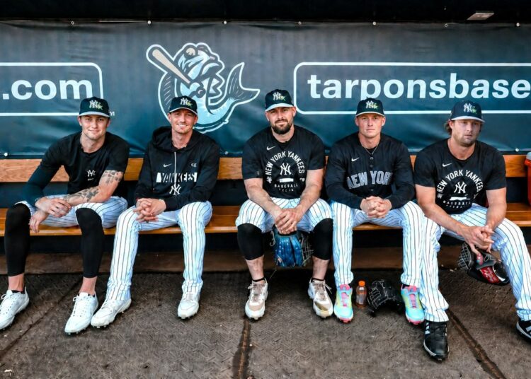 Cam schlittler, Max Fried, Carlos Rodon, Will Warren, and Gerrit Cole at Yankees dugout during the 2026 spring training camp in Tampa.