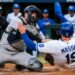 Austin Wells tags Michael Massey at home plate on a throw from Aaron Judge in the Yankees' 7-0 win over the Royals, Kansas City, May 27, 2026.