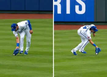 A replay overturned a catch by Royals' RF Jac Caglianone off Ben Rice in the Yankees 15-1 win, Kansas City, May 26, 2026.