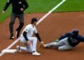Yankees Ryan McMahon tags out Rays runner Junior Caminero at third base on Cody Bellinger’s heads-up throw during New York’s 2-0 win on May 24, 2026.