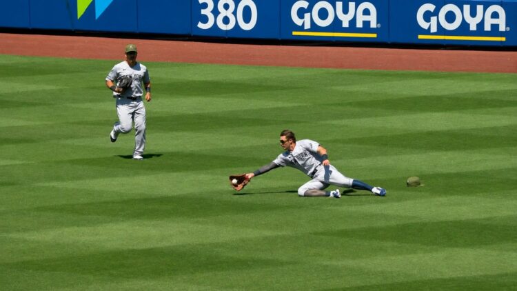 Trent Grisham watches as Spencer Jones makes a near-impossible catch during the Yankees' 7-6 loss to the Mets, New York, May 17, 2026.