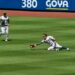 Trent Grisham watches as Spencer Jones makes a near-impossible catch during the Yankees' 7-6 loss to the Mets, New York, May 17, 2026.