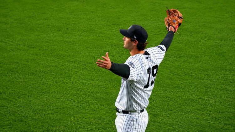 Yankees' rookie slugger Spencer Jones reacts to his roll call by fans at Yankee Stadium, New York, May 21, 2026.