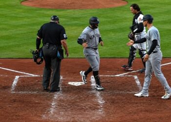 Trent Grisham was at the home plate after hitting a 3-run homer in the Yankees' 6-2 win over the Orioles, May 12, 2026.