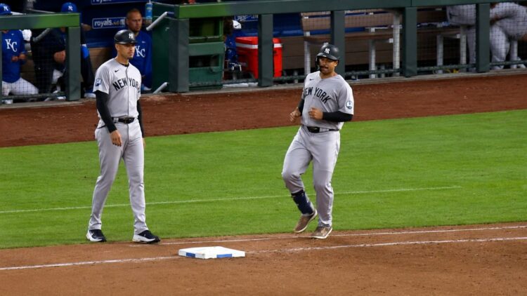 Trent Grisham walks to the first base in the Yankees' 8-2 rout of the A's in Sacramento, May 29, 2026.