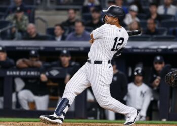 Yankees' Trent Grisham hit his second home run in the ninth in 11-10 win over the Angels in New York, Apr. 13, 2026.