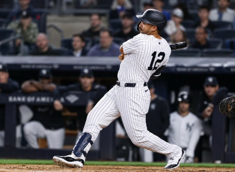 Yankees' Trent Grisham hit his second home run in the ninth in 11-10 win over the Angels in New York, Apr. 13, 2026.