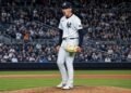 Will Warren reacts to Aaron Judge's catch on wall in the Yankees' 7-2 win over the Orioles in New York, May 1, 2026.