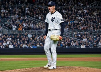 Will Warren reacts to Aaron Judge's catch on wall in the Yankees' 7-2 win over the Orioles in New York, May 1, 2026.