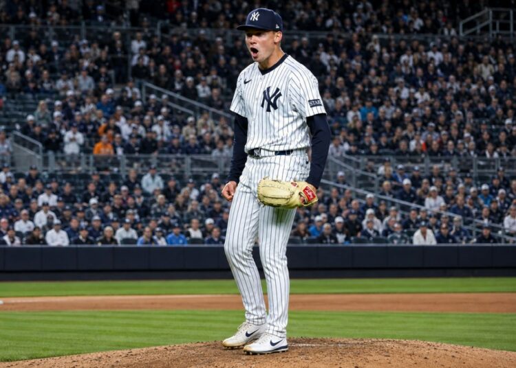 Will Warren reacts to Aaron Judge's catch on wall in the Yankees' 7-2 win over the Orioles in New York, May 1, 2026.