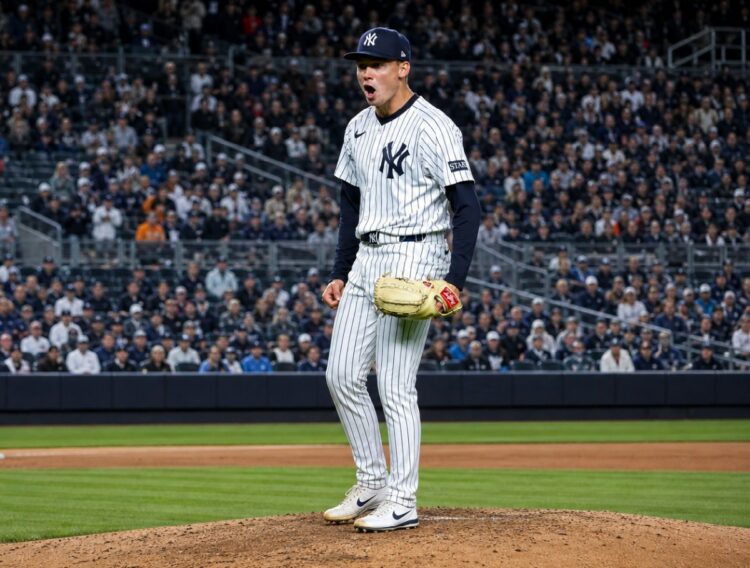Will Warren reacts to Aaron Judge's catch on wall in the Yankees' 7-2 win over the Orioles in New York, May 1, 2026.