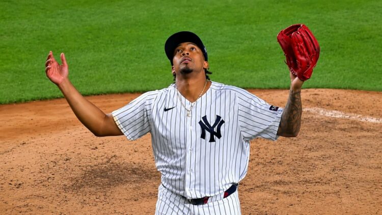 Yankees’ reliever Yovanny Cruz reacts after his first K in the MLB debut against the Blue Jays, New York, May 20, 2026.