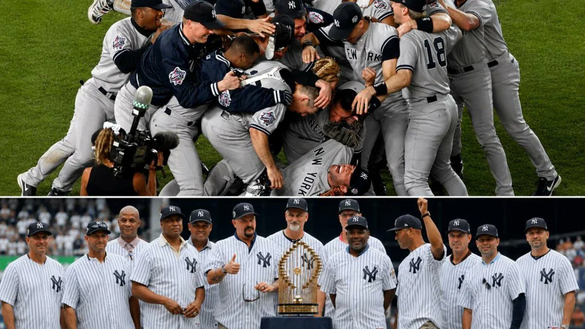 The Yankees celebrate after winning the 1998 World Series on Oct. 21 at Qualcomm Stadium (San Diego) and team with that trophy during an Old Timers Day at Yankee Stadium.