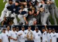 The Yankees celebrate after winning the 1998 World Series on Oct. 21 at Qualcomm Stadium (San Diego) and team with that trophy during an Old Timers Day at Yankee Stadium.