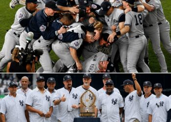 The Yankees celebrate after winning the 1998 World Series on Oct. 21 at Qualcomm Stadium (San Diego) and team with that trophy during an Old Timers Day at Yankee Stadium.