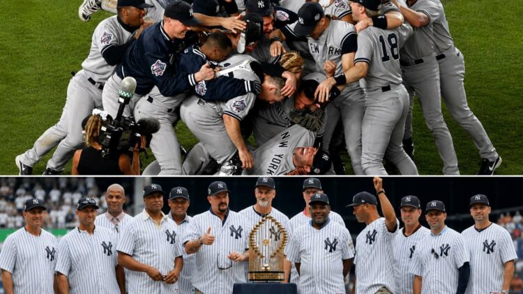 The Yankees celebrate after winning the 1998 World Series on Oct. 21 at Qualcomm Stadium (San Diego) and team with that trophy during an Old Timers Day at Yankee Stadium.