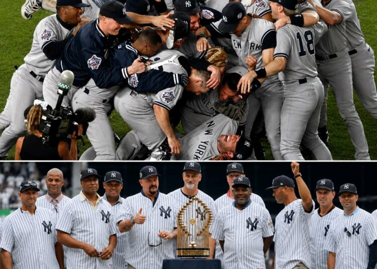 The Yankees celebrate after winning the 1998 World Series on Oct. 21 at Qualcomm Stadium (San Diego) and team with that trophy during an Old Timers Day at Yankee Stadium.