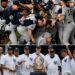 The Yankees celebrate after winning the 1998 World Series on Oct. 21 at Qualcomm Stadium (San Diego) and team with that trophy during an Old Timers Day at Yankee Stadium.